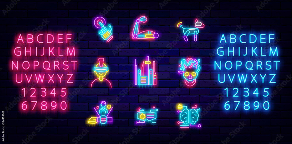 Cyberpunk neon icons collection. Shiny pink and blue alphabet. Exoskeleton and high tech. Vector illustration