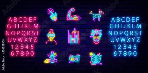 Cyberpunk neon icons collection. Shiny pink and blue alphabet. Exoskeleton and high tech. Vector illustration