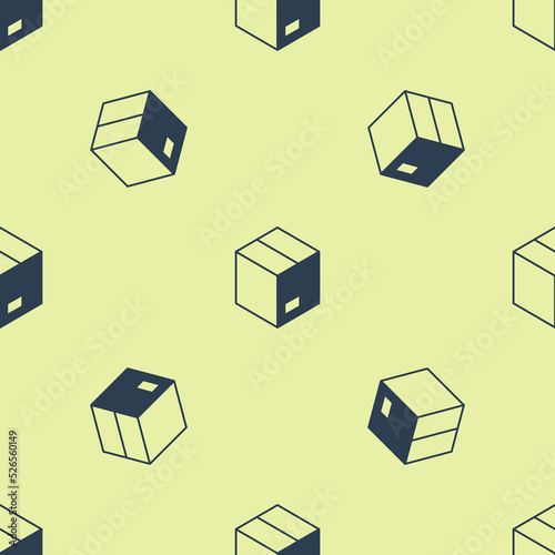 Blue Carton cardboard box icon isolated seamless pattern on yellow background. Box, package, parcel sign. Delivery and packaging. Vector