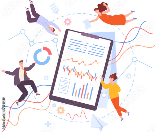 Flying analysts. Data analysis report, management team research and analyse information business operations, financial plan audit statistic marketing control, vector illustration