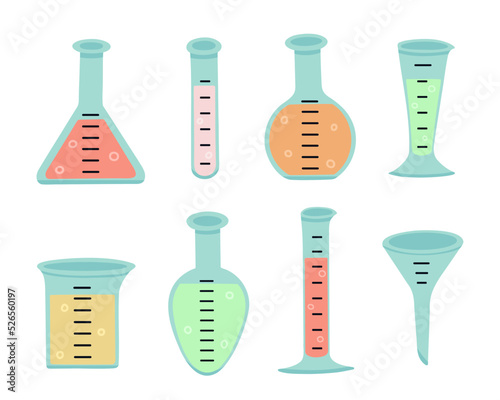 Big chemical flasks set. Vector Illustration for printing, backgrounds, covers and packaging. Image can be used for greeting cards, posters, stickers and textile. Isolated on white background. photo