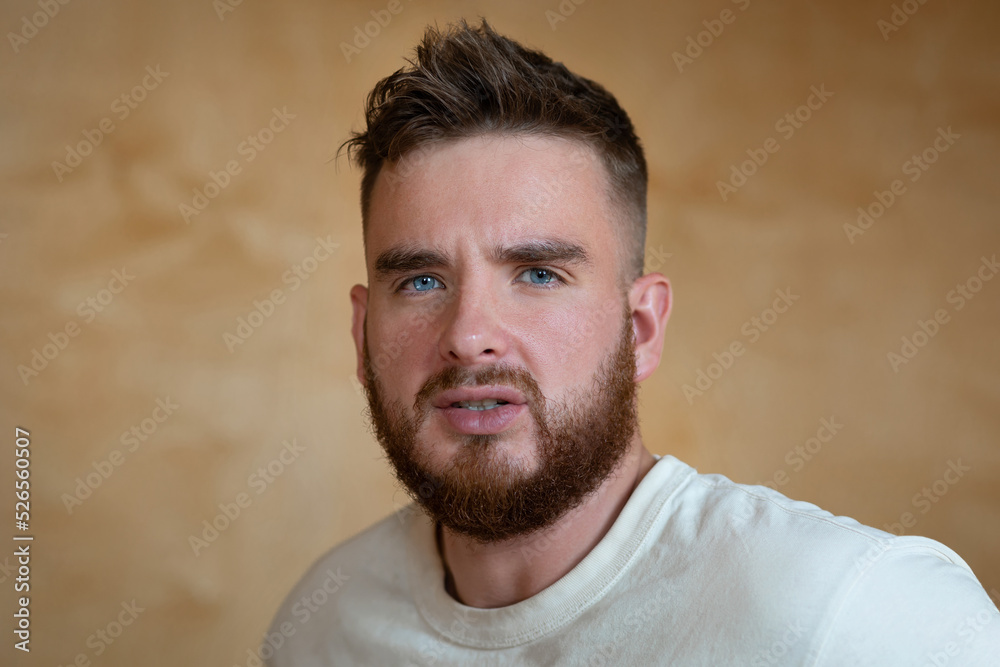 Portrait brutal handsome bearded man with blue eyes, male personal self care, products, accessory for growth style dark brown red beard. Lifestyle people Portrait brutal handsome bearded man with blue eyes, male personal self care, products, accessory for growth style dark brown red beard. Lifestyle people