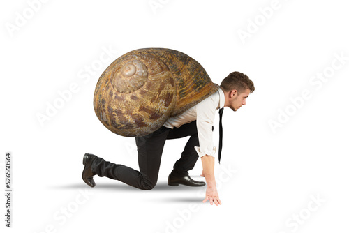 Businessman like a slow snail is ready to start
