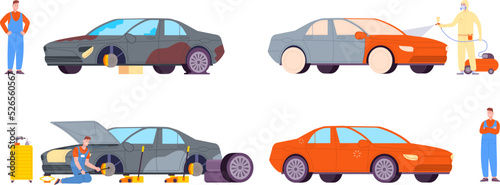 Car restoration process. Mechanic paint and repair auto body after crash, automotive project before damaging automobile accident fix abandoned bodywork splendid vector illustration