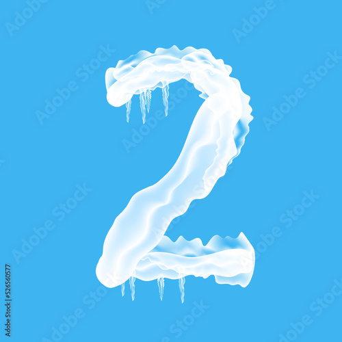 Snow Ice Cap with Number Two Isolated on Blue Background. Christmas Card Design Element. Winter Snowcap Set.