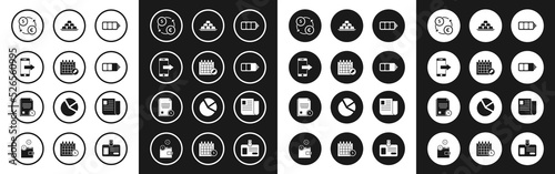 Set Battery charge level indicator, Calendar, Smartphone, mobile phone, Money exchange, Gold bars, File document and Finance icon. Vector