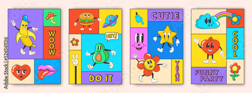 Trendy mascot posters. Cartoon funny retro characters square cards on psychedelic poster, trippy groovy flower bright crazy abstract art 70s doodle heart star vector illustration