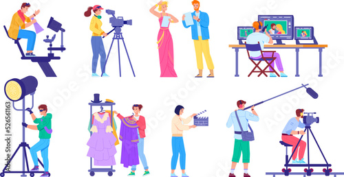 Movie production crew. Filming team cinema process television show, film director video assistant media technician sound producer actor camera operator