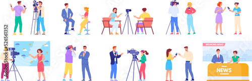 Journalists crew. Journalist talking microphone on camera for tv reportage, cameraman and reporter recording broadcast, studio interview news presenter, swanky vector illustration