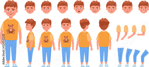 Boy body animation. Child animated expressions, children pose creation speaking kid character constructor face emotion body parts action kit, cartoon neoteric vector illustration