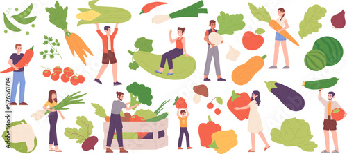 People with diet products. Farmer food of vitamin vegetables, personalized diet alternative nutrition vegetarian lifestyle, fresh agriculture product, garish vector illustration