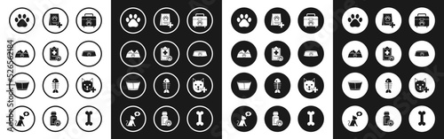 Set Pet first aid kit, Clipboard with medical clinical record pet, food bowl for cat dog, Paw print, Bag of, Veterinary symbol and Protective cone collar icon. Vector