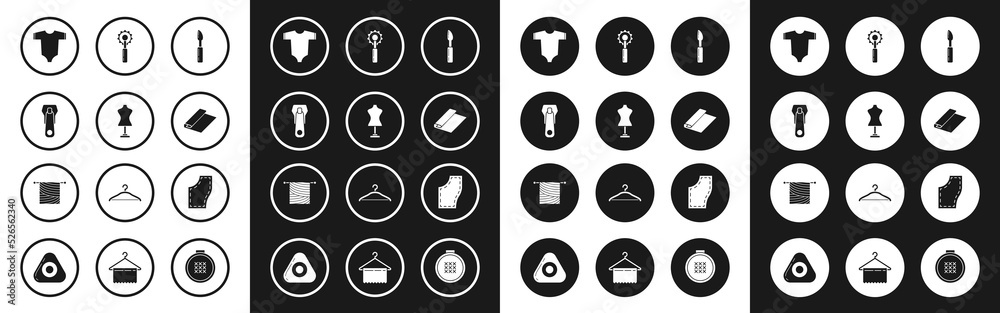 Set Cutter tool, Mannequin, Zipper, Baby clothes, Textile fabric roll, Sewing Pattern and Knitting icon. Vector Set Cutter tool, Mannequin, Zipper, Baby clothes, Textile fabric roll, Sewing Pattern and Knitting icon. Vector