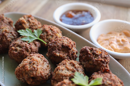Mini beef frikkadels. Traditional South African meatballs made with mince, bread, spices, eggs and onion 