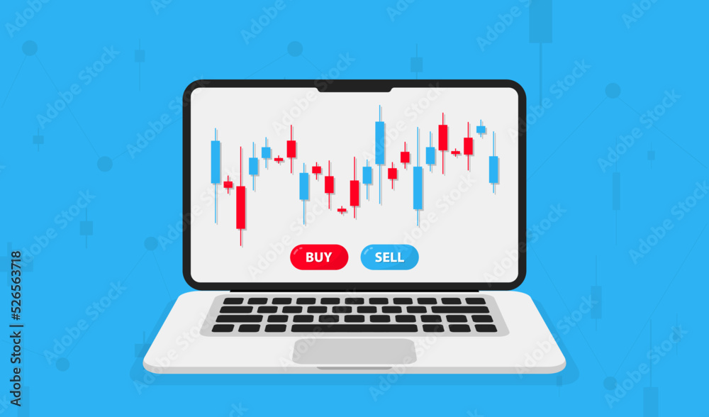 Online trading on the laptop. Investment trading in the stock market. Stocks market graph chart on device screen. Financial trading and investing strategy. Candlestick chart