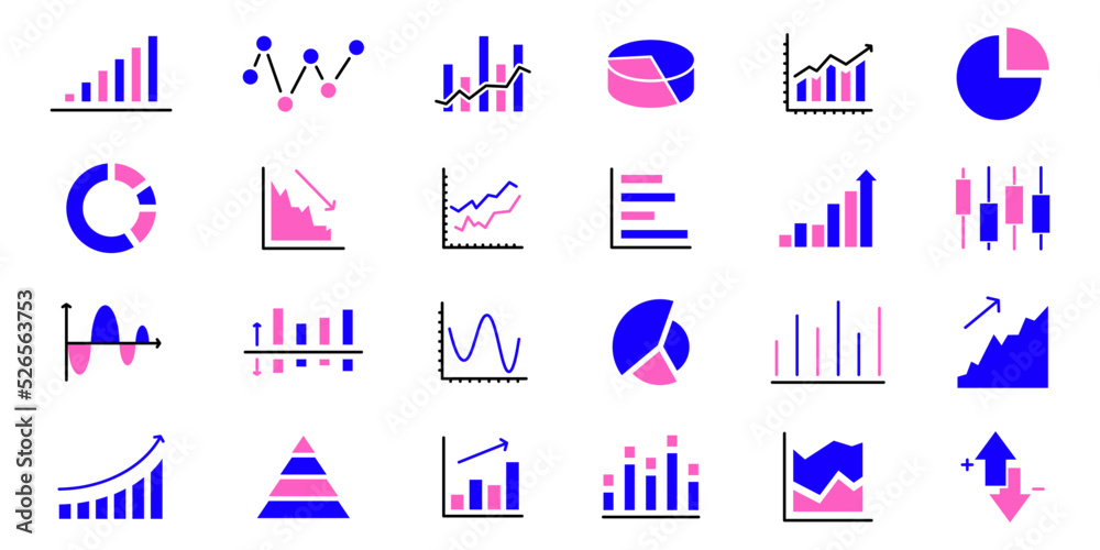 Business data charts. Diagrams and graphs. Business data market elements, statistic and data, infographics business, money, down or up, analytic report. Set of financial marketing colorful diagrams