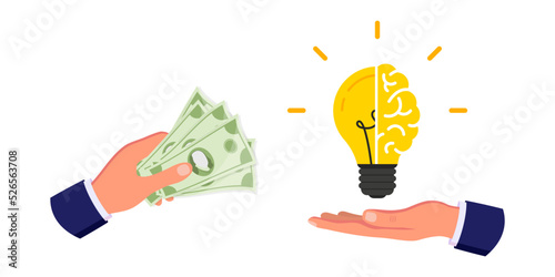 Hand is holds money and half of light bulb and brain. Buy business idea. Ideas exchange, financial success, salary, dividend, investing in innovation. Flat design graphics for websites, infographics