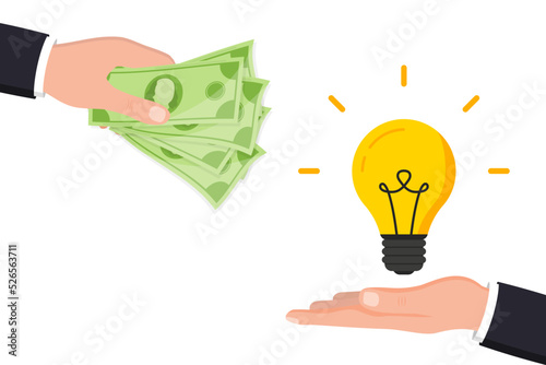 Hand is holds money and half of light bulb and brain. Buy business idea. Ideas exchange, financial success, salary, dividend, investing in innovation. Flat design graphics for websites, infographics