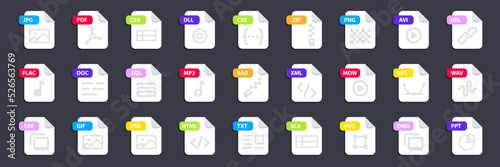 File type icon set. Popular files format and document in flat style design. Format and extension of documents. Set of graphic templates audio, video, image, system, archive, code and document file photo