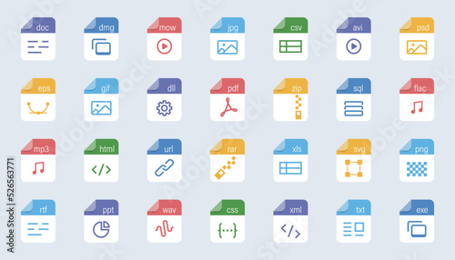 File type icon set. Popular files format and document in flat style design. Format and extension of documents. Set of graphic templates audio, video, image, system, archive, code and document file