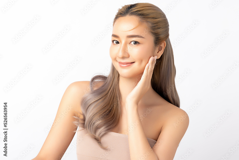 Happy beautiful young asian woman clean fresh bare skin concept. Asian girl beauty face skincare and health wellness, Facial treatment, Perfect skin, Natural make up. Isolated on white background. Happy beautiful young asian woman clean fresh bare skin concept. Asian girl beauty face skincare and health wellness, Facial treatment, Perfect skin, Natural make up. Isolated on white background.