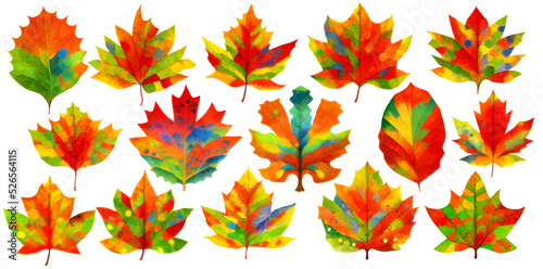 Collection of colorful autumn tree leaves isolated on white background. Digital illustration