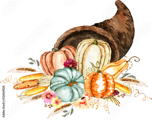 Pumpkin, corn and wheat ears harvest arrangement. Boho thanksgiving beige watercolor illustration. Fall boho wedding invitation. Elegant fall harvest bouquet. Autumn, thanksgiving card, menu, greeteng