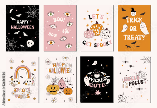Set of hand drawn vector illustration fall autumn posters and cards, banners. Halloween invitation card, banner design in modern retro vintage groovy 60s 70s style.