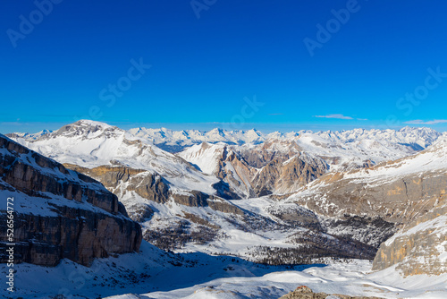 View of mountain range in winter with snowy peaks