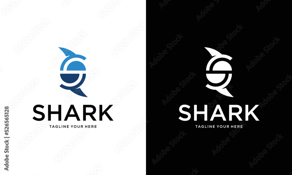 Creative Minimal Letter S Shark Logo Design , Minimal Shark Logo on a black and white background.