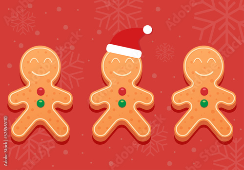 Festive gingerbread, funny gingerbread men on a red background. Vector