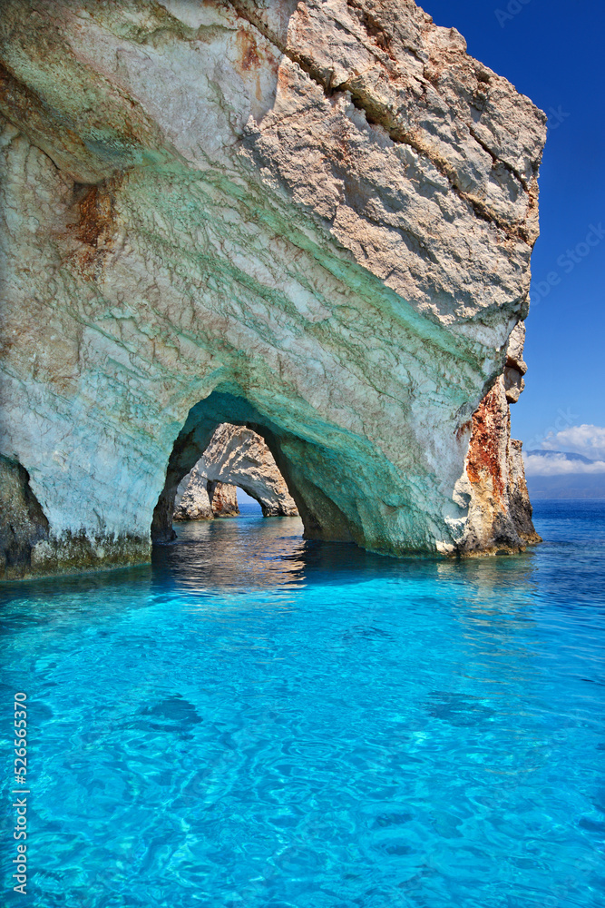 Famous blue caves, an extraordinary seascape of magnificent geologic formations in Zakynthos island, Ionian Sea, Greece, Europe.