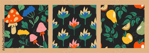 Set of patterns with plants, fruits and mushrooms. Boho retro style, fancy fly agaric, psilocybin, flowers and fruits. Flat design, hand drawn cartoon.