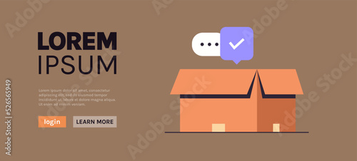 Delivery and shipping, open package, unboxing check, approved, confirm, done, tick, completed order concept flat vector illustration.