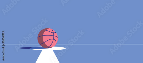 Basketball ball standing on white line on blue background