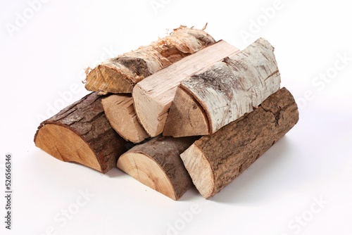 Murais de parede Closeup of solid chopped oak birch and pine firewood placed in stack isolated in
