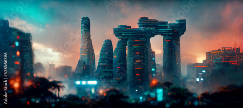 Foto uturistic city built among ancient ruins in a jungle Digital Art Illustration Pa