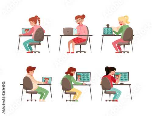 Online Education with Teen Boy and Girl as School or College Student at Desk in Front of Laptop Vector Set