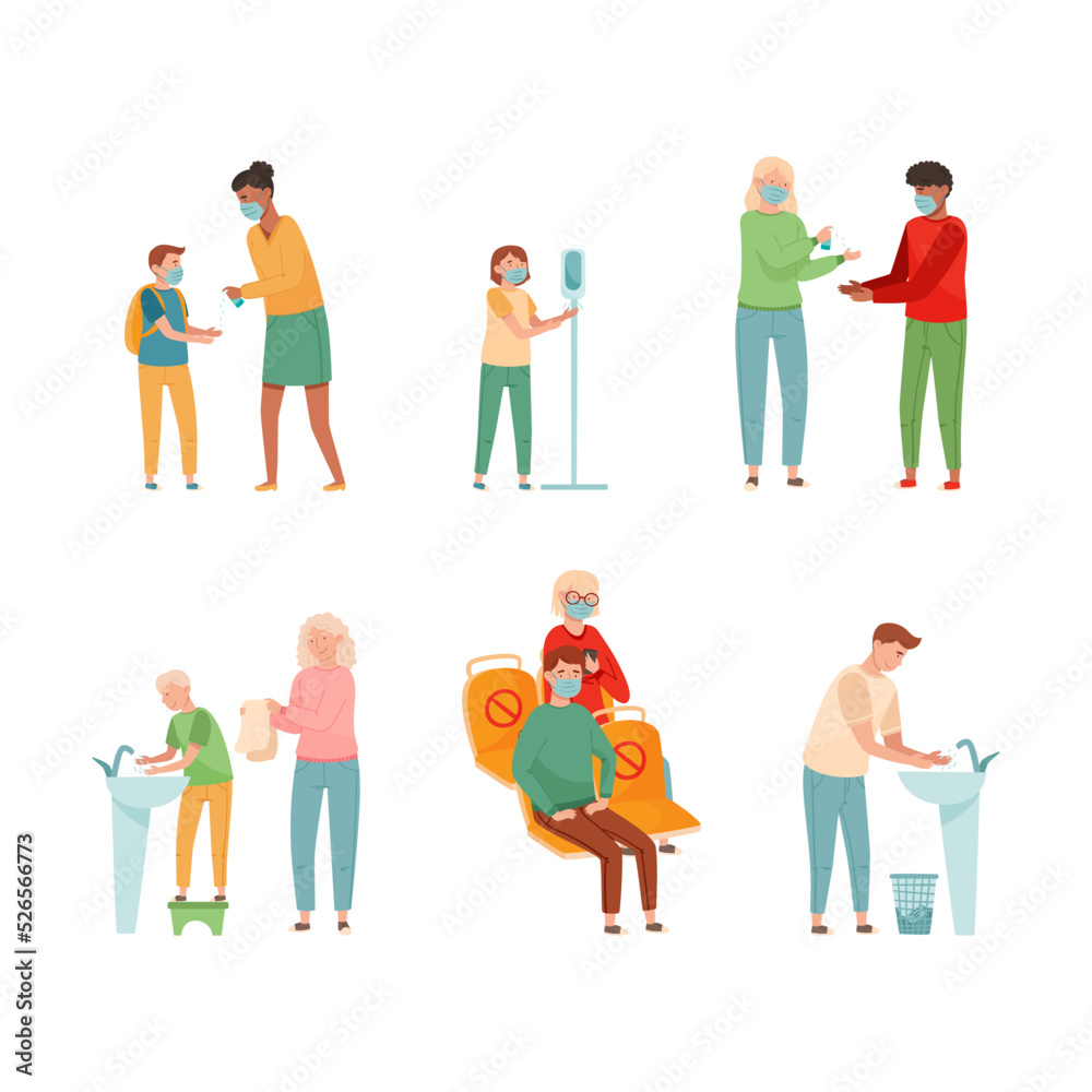 People Character in Medical Face Mask Washing Hands and Social Distancing Vector Set