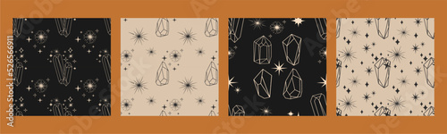 Mystical art of esoteric crystals, shining gems, diamonds. Set of sand patterns. Boho style. Prints for t-shirts and bags, decor element for tattoos.