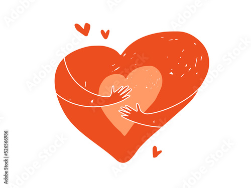 Big heart hugging by hands core inside. Love, self care, embrace. Helping hand, support, social care. Volunteer, donation, kindness, charity foundation concept. Isolated abstract vector illustration