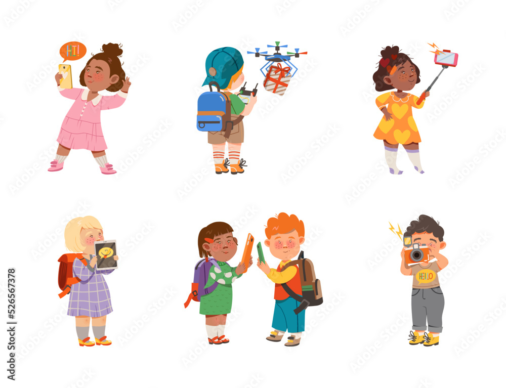 Cute Kids Using Smart Mobile Gadget and Electronic Device Vector Set Cute Kids Using Smart Mobile Gadget and Electronic Device Vector Set