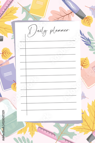 Daily planner template. Organizer and schedule with place for Notes.. Vector illustration.