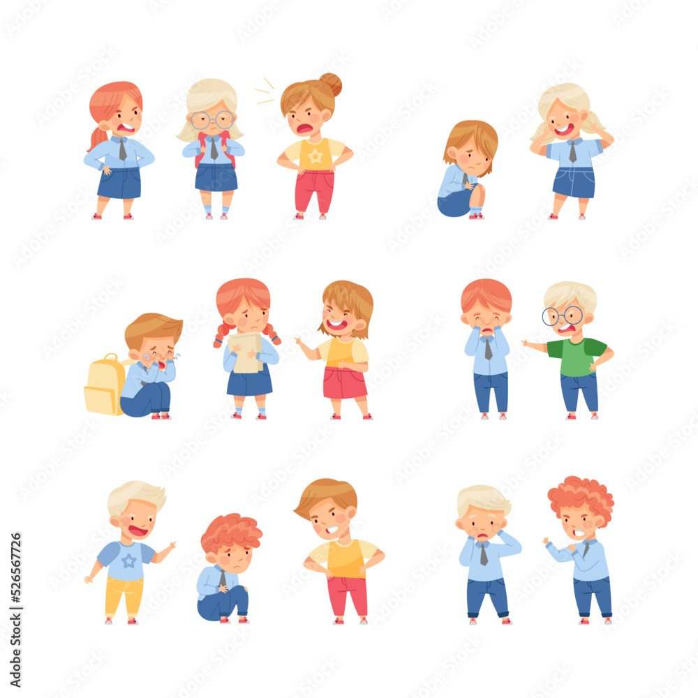 Angry Kids Bullying and Abusing the Weak Agemate Teasing and Laughing at Them Vector Set Angry Kids Bullying and Abusing the Weak Agemate Teasing and Laughing at Them Vector Set