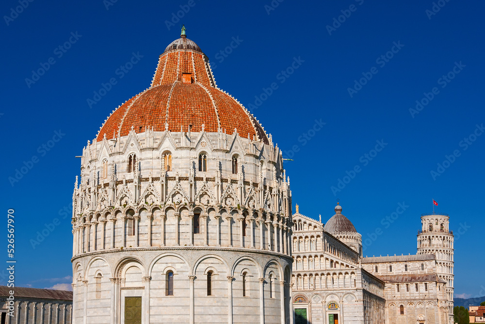 Pisa most famous three landmarks: Leaning Tower, Baptistery and Cathedral in the Square of Miracles