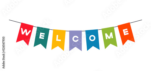 Colorful ribbon flags decoration with welcome word vector illustration photo
