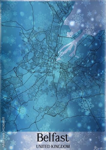 Christmas background, Chirstmas map of Belfast United Kingdom, greeting card on blue background.
