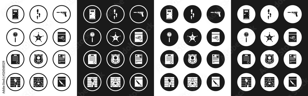 Set Pistol or gun with silencer, Hexagram sheriff, Magnifying glass search, Prison cell door, Evidence bag and pistol, Footsteps, Lawsuit paper and The arrest warrant icon. Vector Set Pistol or gun with silencer, Hexagram sheriff, Magnifying glass search, Prison cell door, Evidence bag and pistol, Footsteps, Lawsuit paper and The arrest warrant icon. Vector