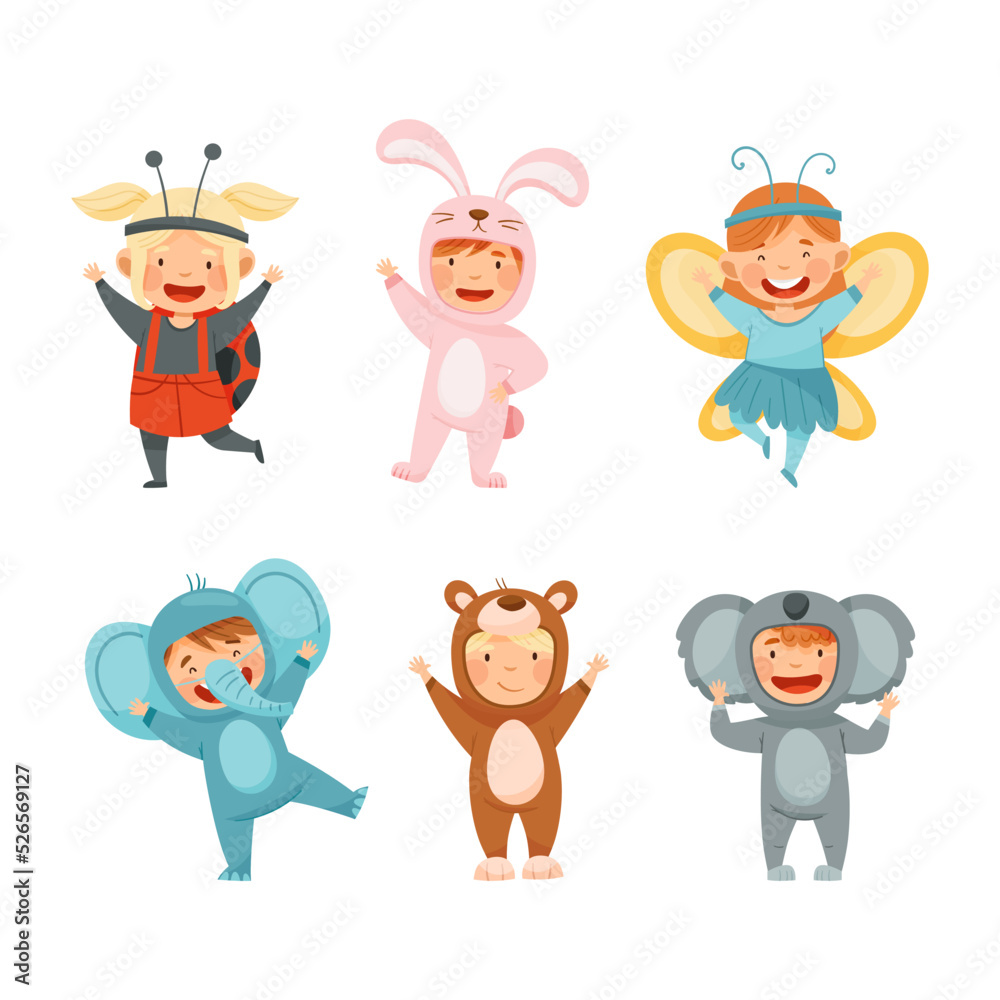 Little Kids Wearing Animal Costume Waving Hand and Having Fun Vector Set Little Kids Wearing Animal Costume Waving Hand and Having Fun Vector Set