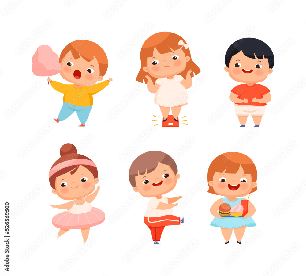 Little Kids with Overweight and Body Fat Engaged in Different Activity Vector Set Little Kids with Overweight and Body Fat Engaged in Different Activity Vector Set